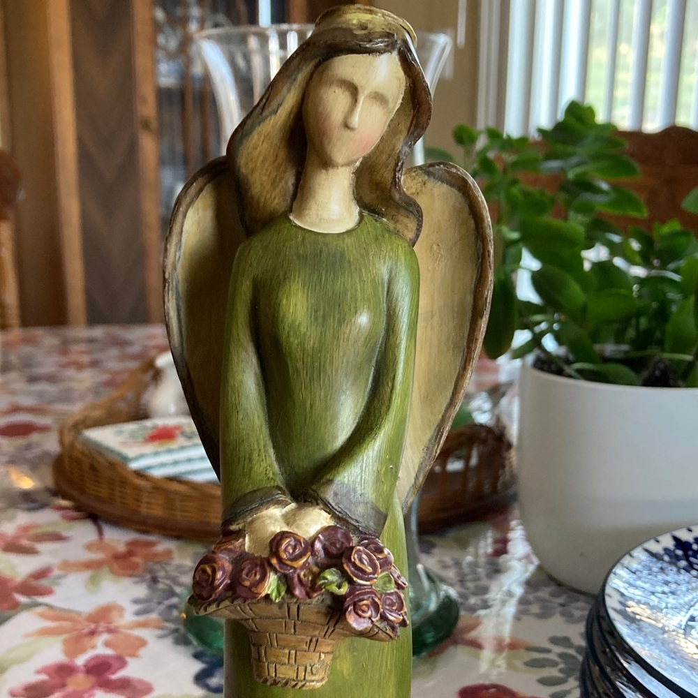 Elegant Green Angel Figurine with Floral Basket